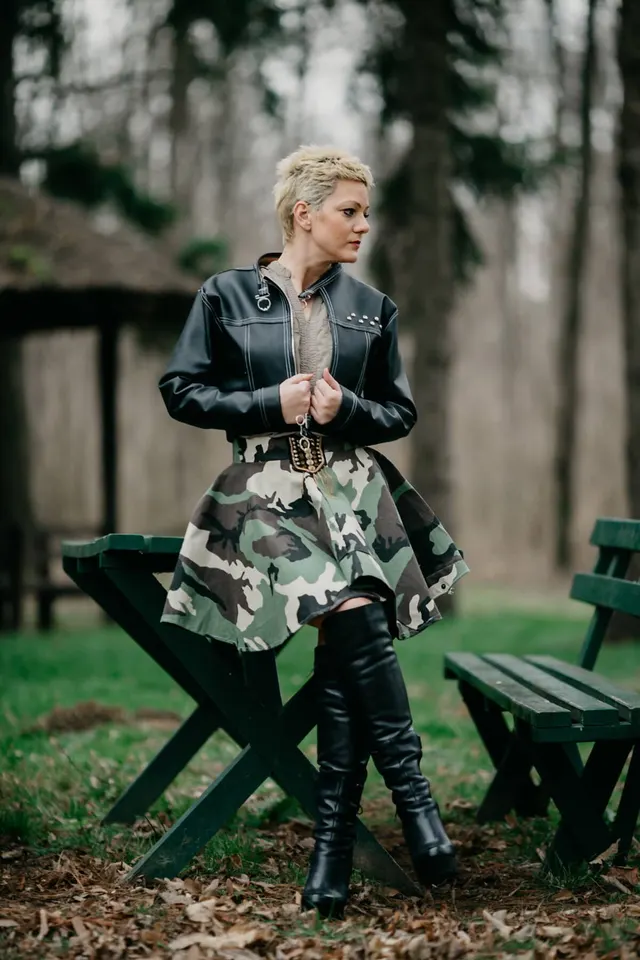 Photo with miniskirt, boots and bench