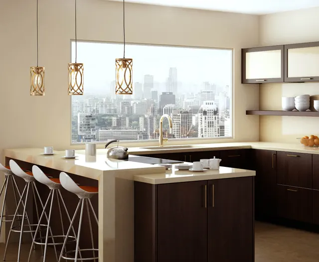Photo with cabinetry, desk, lamp and window