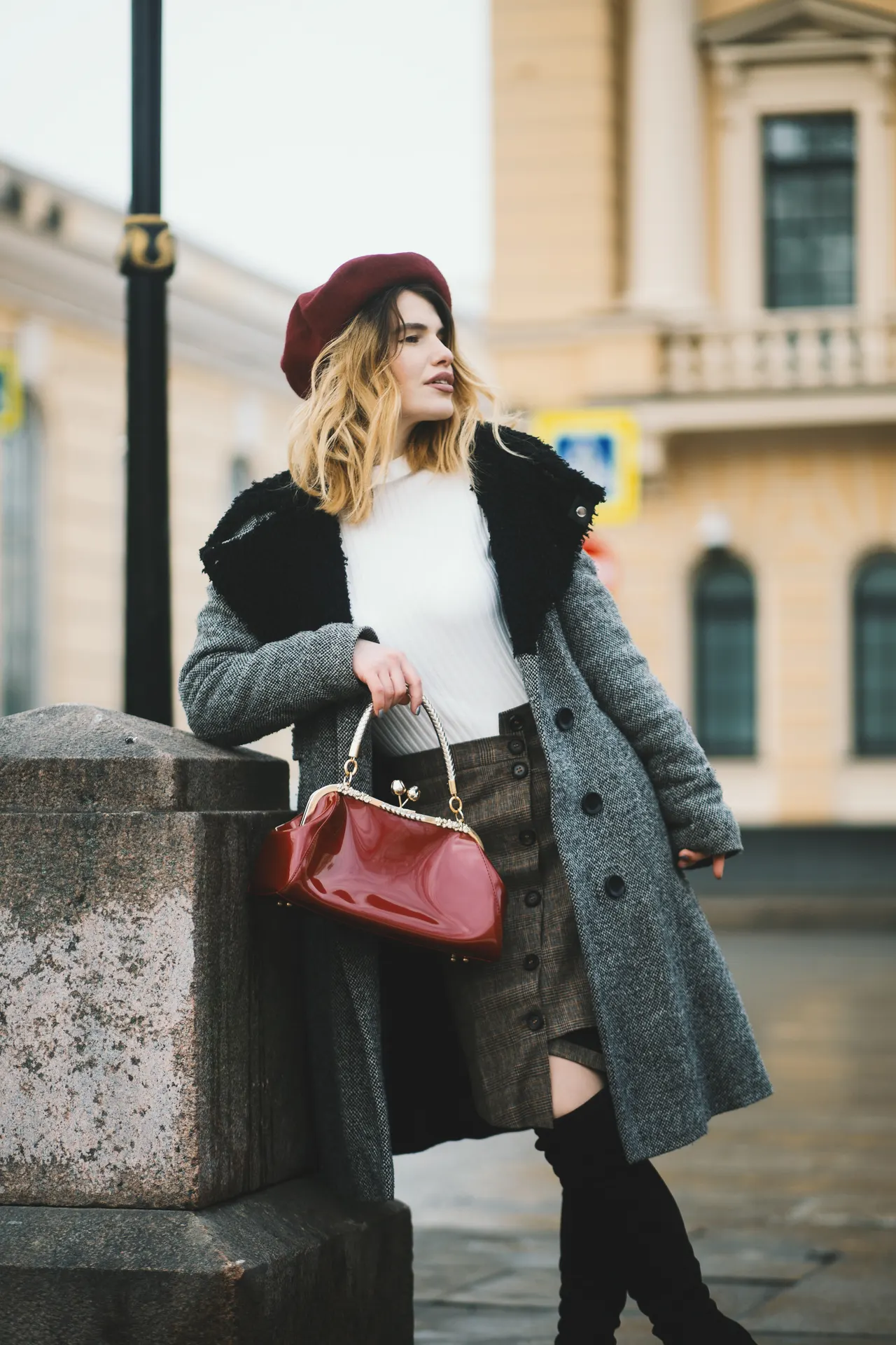 Photo with coat, hat, footwear and handbag