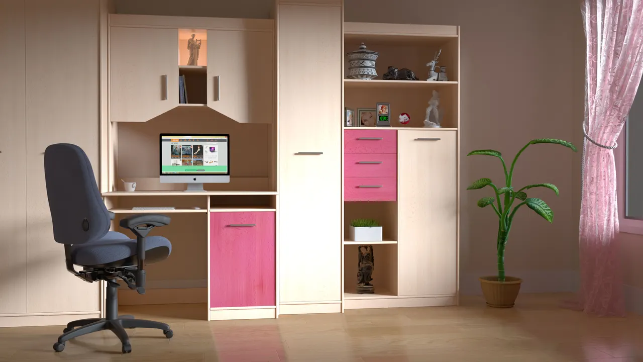 Photo with cabinetry, television, houseplant and curtain