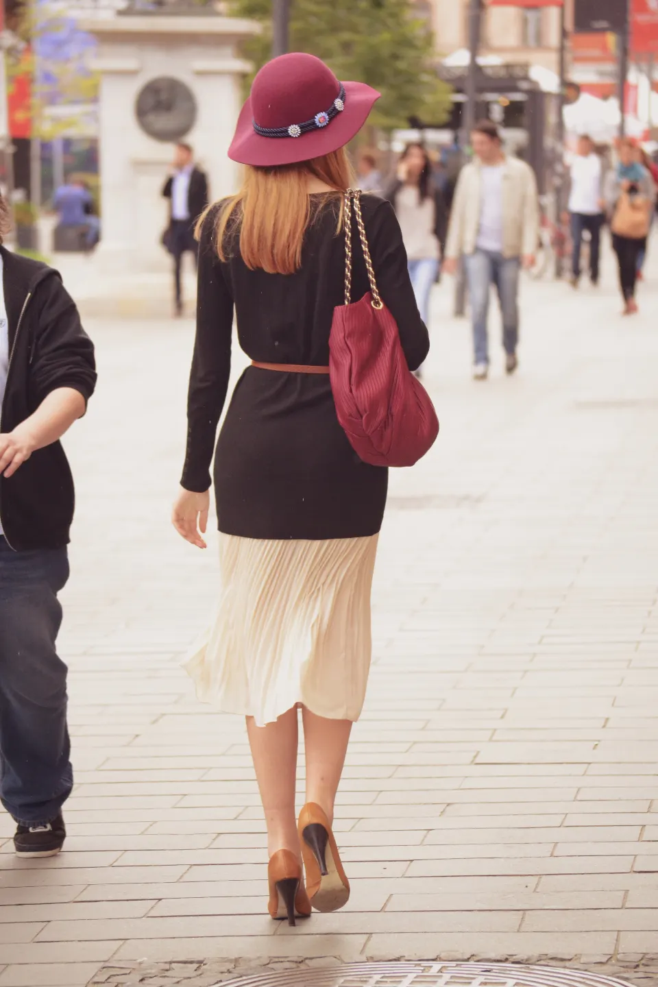 Photo with fancy dress, shirt, sneakers, high heels, hat and handbag