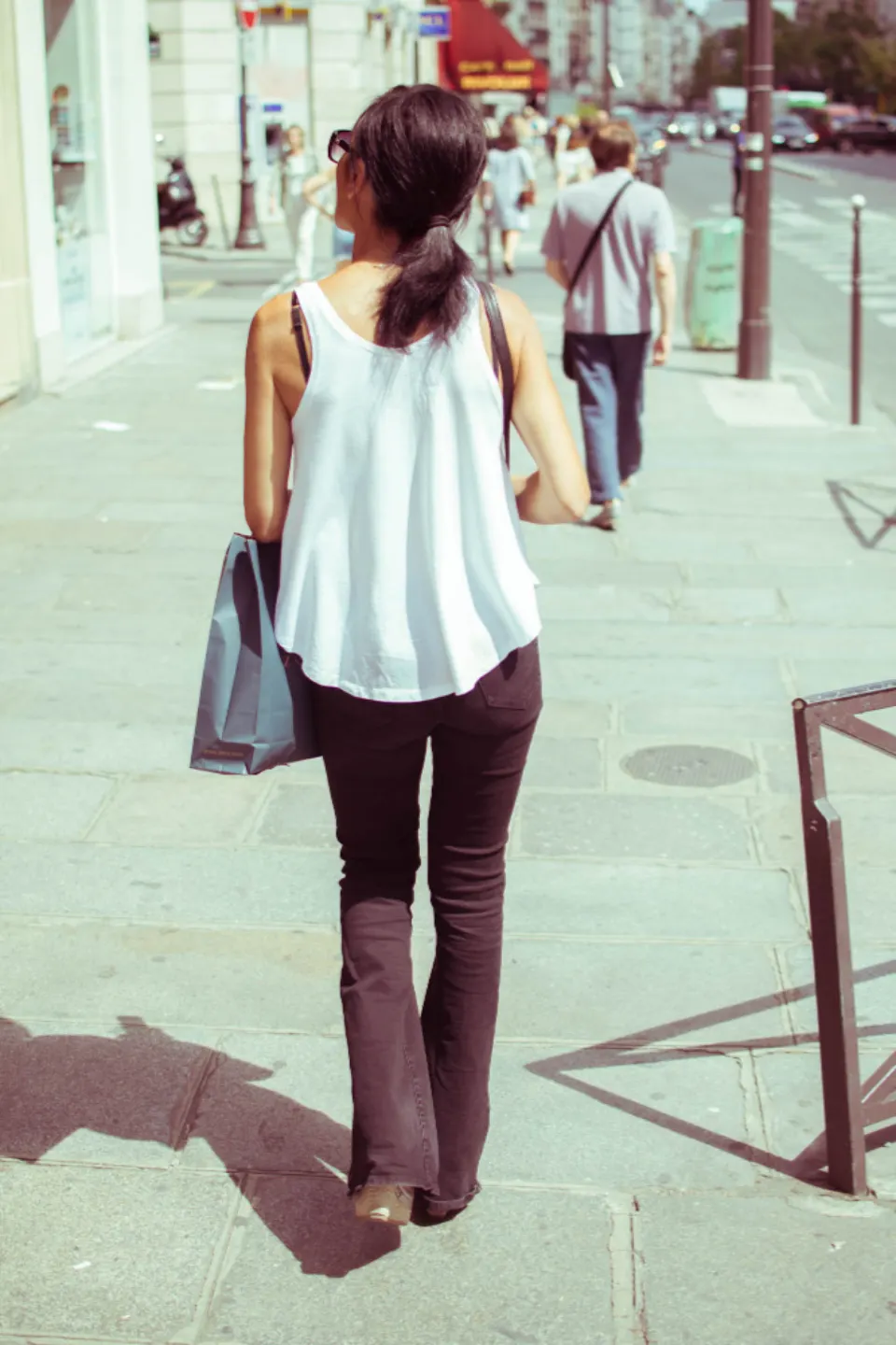 Photo with tank top, trousers, footwear and handbag