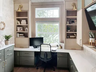 Photo with shelf, desk, window and computer monitor