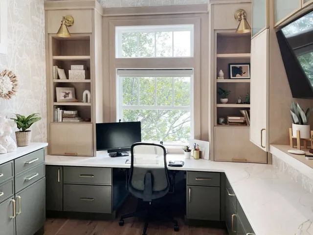 Photo with shelf, desk, window and computer monitor
