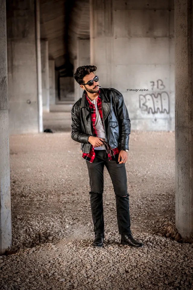 Photo with jacket, trousers, leather shoes and glasses
