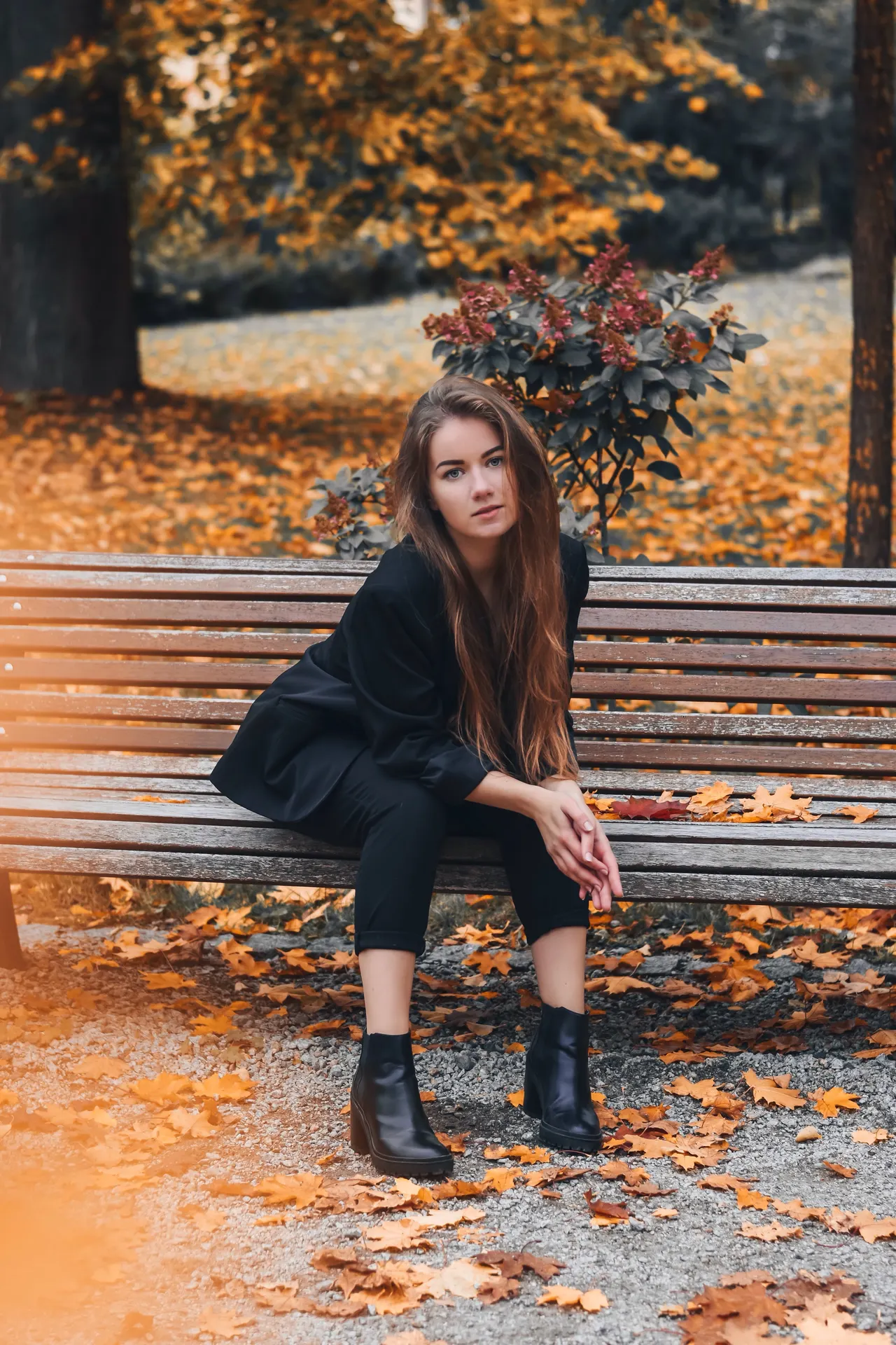 Photo with fancy dress, boots and bench