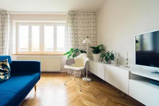 Photo with studio couch, radiator, television and houseplant