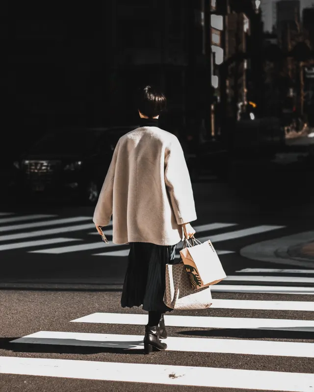 Photo with miniskirt, coat, high heels, handbag and glasses