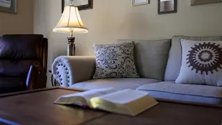 Video with picture frame, lamp, chair, sofa, pillow and book