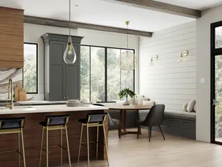 Photo with chair, cabinetry, desk, bench, lamp and window